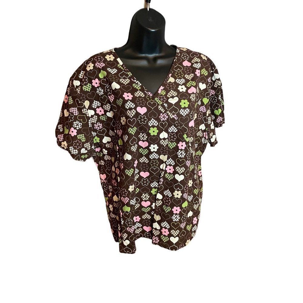 HQ Brown Pink Heart Flower Patterned Scrub Tunic Top Sz XL